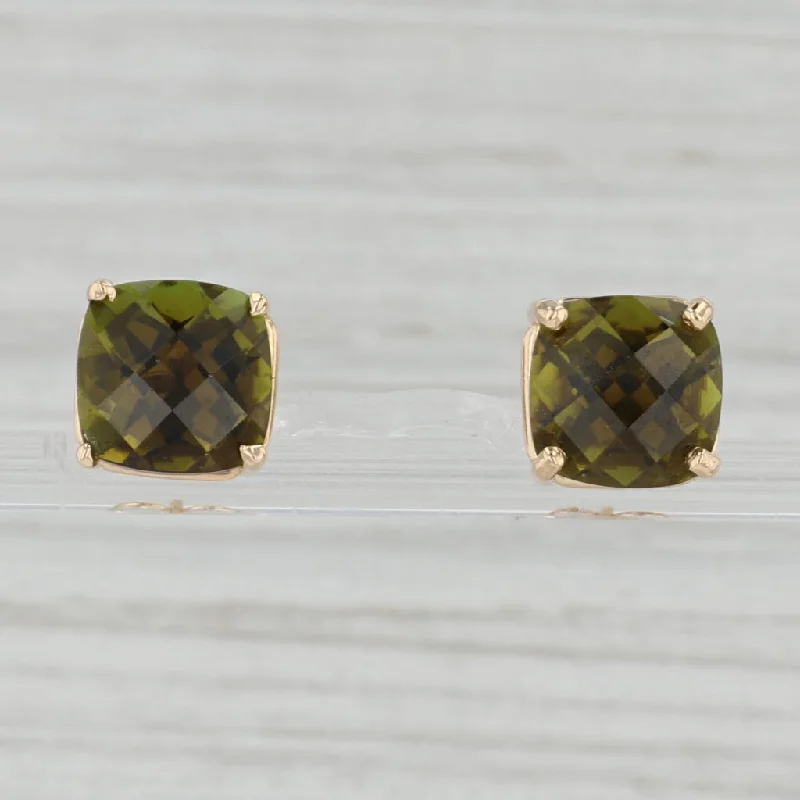 Elegant Sapphire Earrings for Women-8.20ctw Green Tourmaline Stud Earrings 14k Yellow Gold Cushion Solitaire Studs