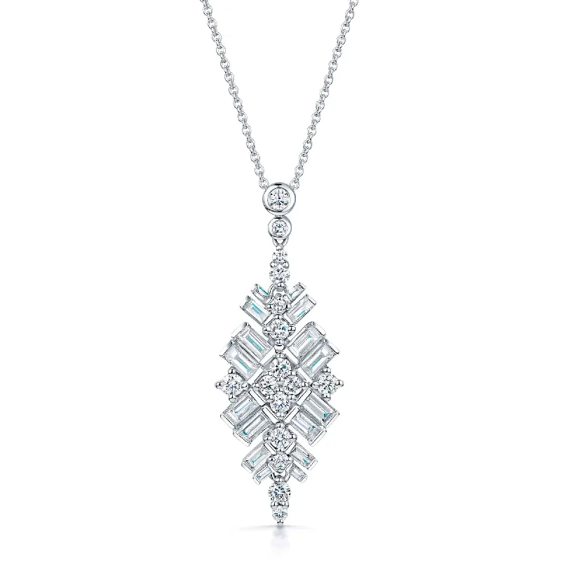 Long Chain Necklace with Heart Pendant-18ct White Gold Baguette And Round Brilliant Cut Diamond Vintage Pendant