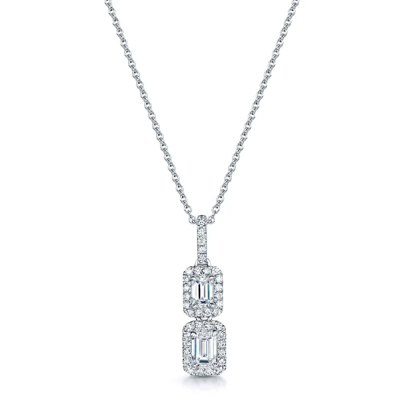 Long Crystal Necklace with Multicolor Gems-18ct White Gold Double Emerald Diamond Cluster Pendant