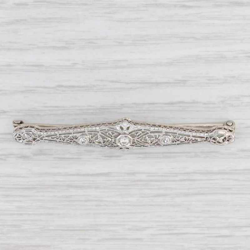 Vintage Brooch For Suits-Art Deco 0.11ctw Diamond Filigree Bar Brooch 14k White Gold Platinum Pin