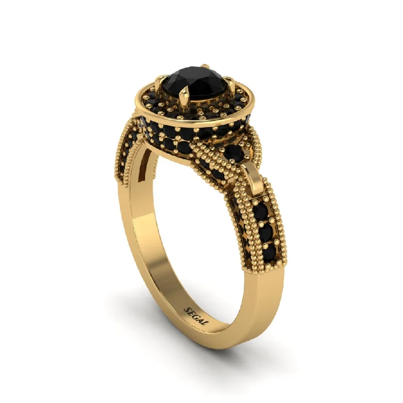 Designer Gold Ring with Custom Engraving for Anniversary-Black Diamond Double Halo Handmade Engagement Ring - Gracelyn No. 37