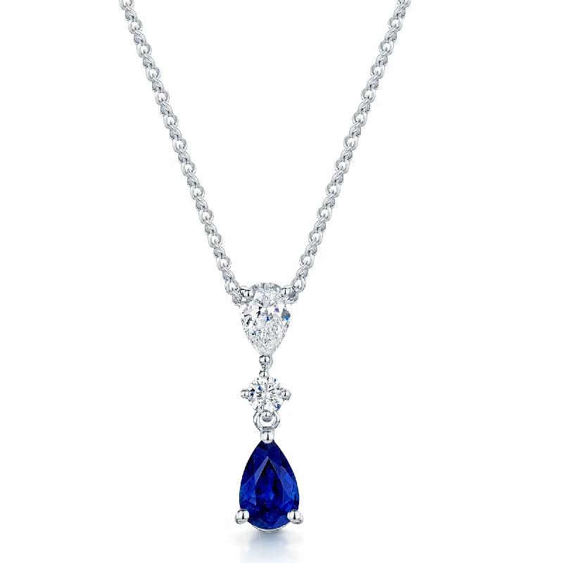 Fine Silver Pendant Necklace for Casual Wear-18ct White Gold Pear Blue Sapphire & Diamond Three Stone Pendant