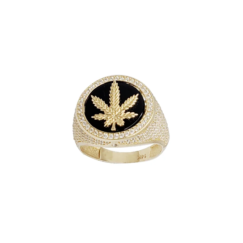 Trendy Silver Ring for Casual Everyday Wear-Black Onyx Marijuana Leaf Ring (14K）