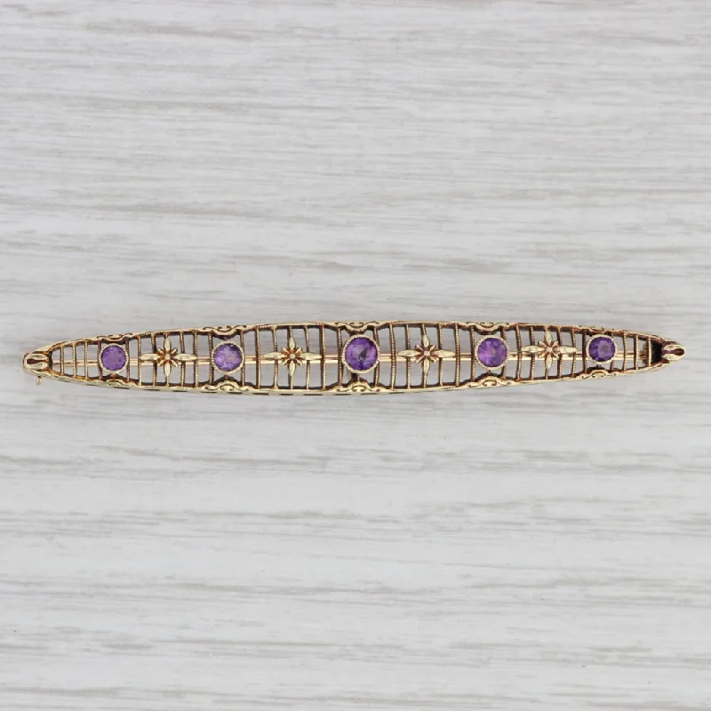 Brooch With Unique Crystal Design-Art Deco 0.50ctw Amethyst Filigree Bar Brooch 14k Yellow Gold Pin