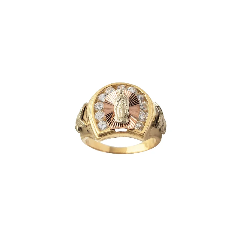 Custom Silver Ring with Engraving-Zirconia Eagle & Virgin Mary Ring (14K)