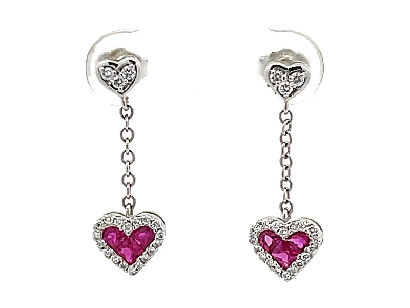 Classic Silver Hoop Earrings-Ruby Heart Diamond Dangling Earrings in 14k White Gold