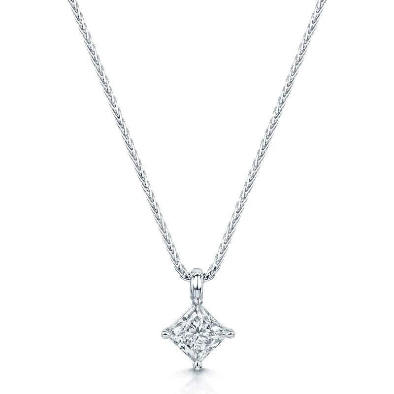 Classic Gemstone Necklace for Evening Wear-18ct White Gold Princess Cut Diamond Solitaire Four Claw Set Pendant