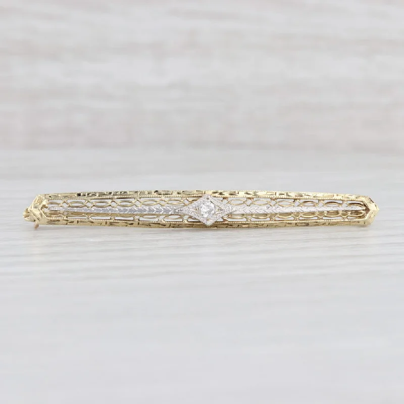 Elegant Crystal Flower Brooch-Vintage Diamond Filigree Bar Pin 14k Yellow Gold Brooch