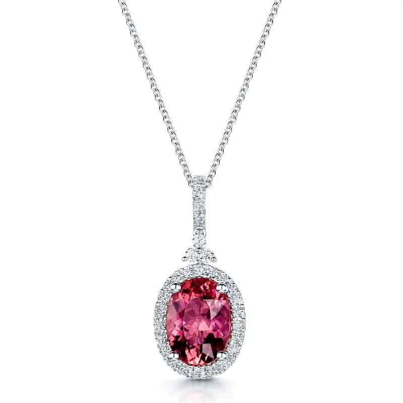 Sparkling Diamond Necklace with Emerald Accents-Pink Tourmaline Oval Cut Diamond Halo Pendant