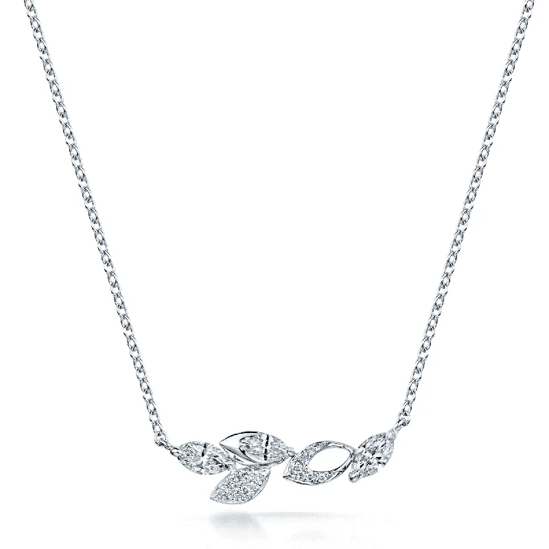 Classic Diamond Necklace for Brides-18ct White Gold Marquise & Round Brilliant Diamond Horizontal Leaf Pendant