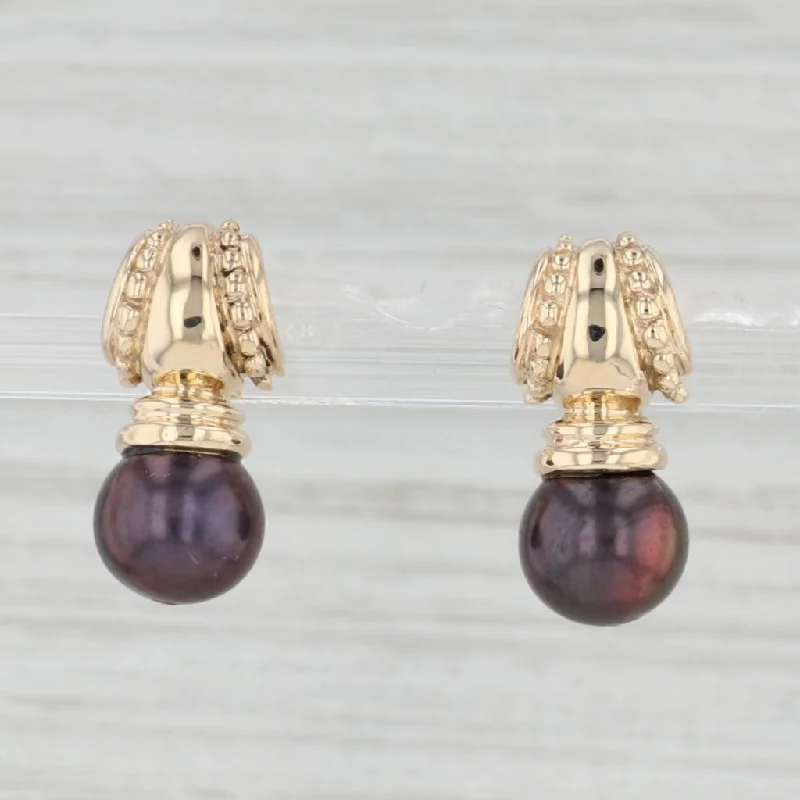 Stunning Drop Earrings for Evening Wear-Black Cultured Pearl Drop Earrings 14k Yellow Gold Pierced