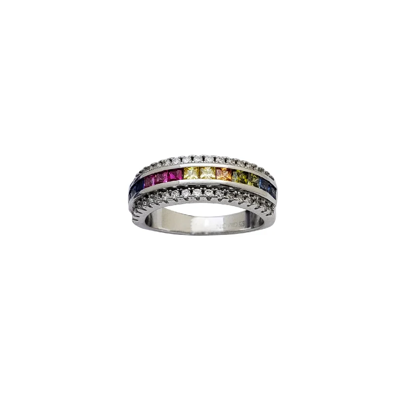 Classic Men’s Ring with Birthstone and Engraving-Zirconia Multicolor Channel Setting Ring (Silver)