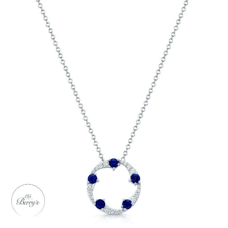 Simple Long Necklace with Pendant-OPEIA Collection 18ct White Gold Sapphire Diamond Fancy Circle Pendant With Chain