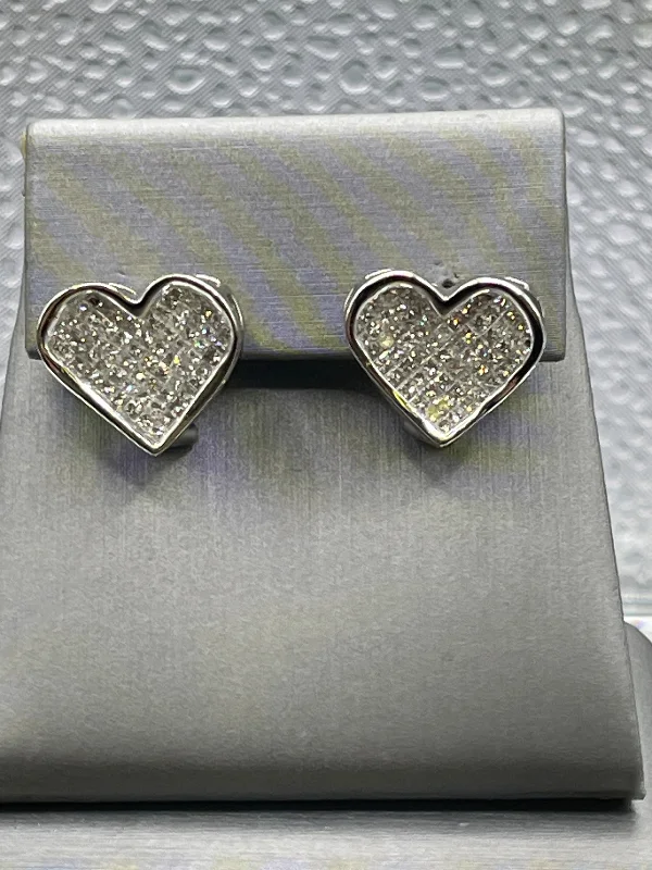 Casual Earrings for Teenagers-Ladies 10 Karat Solid White Gold Princess Cut Diamond Heart Earrings