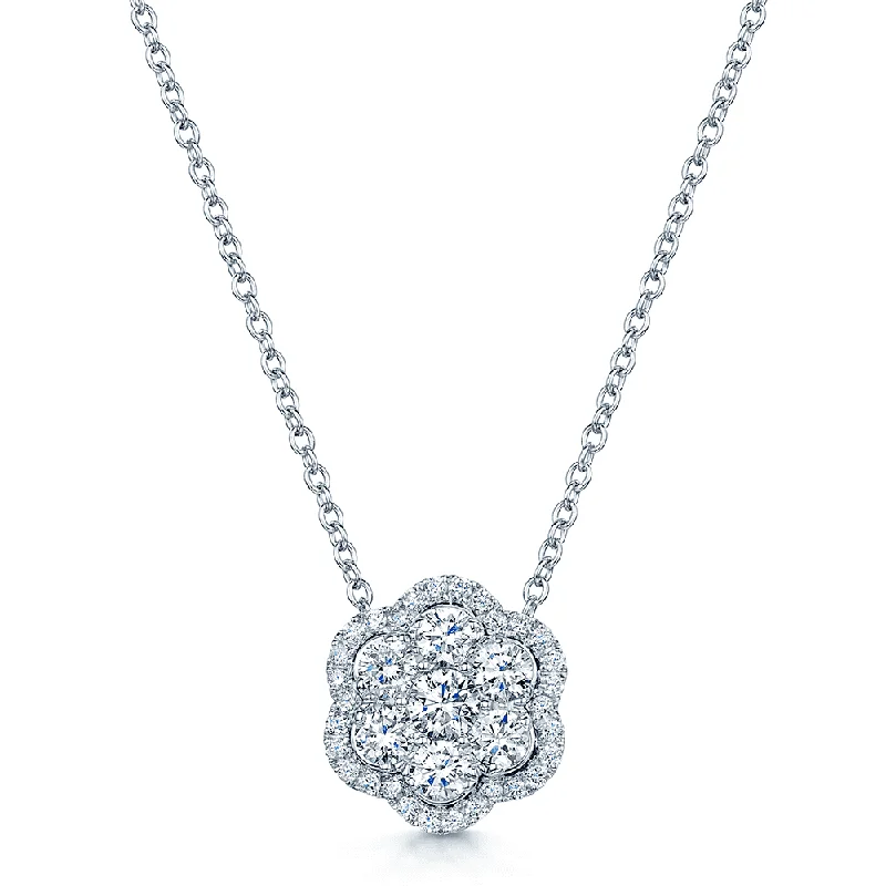 Personalized Necklace with Couple’s Initials-18ct White Gold Diamond Cluster Floral Shape Pendant