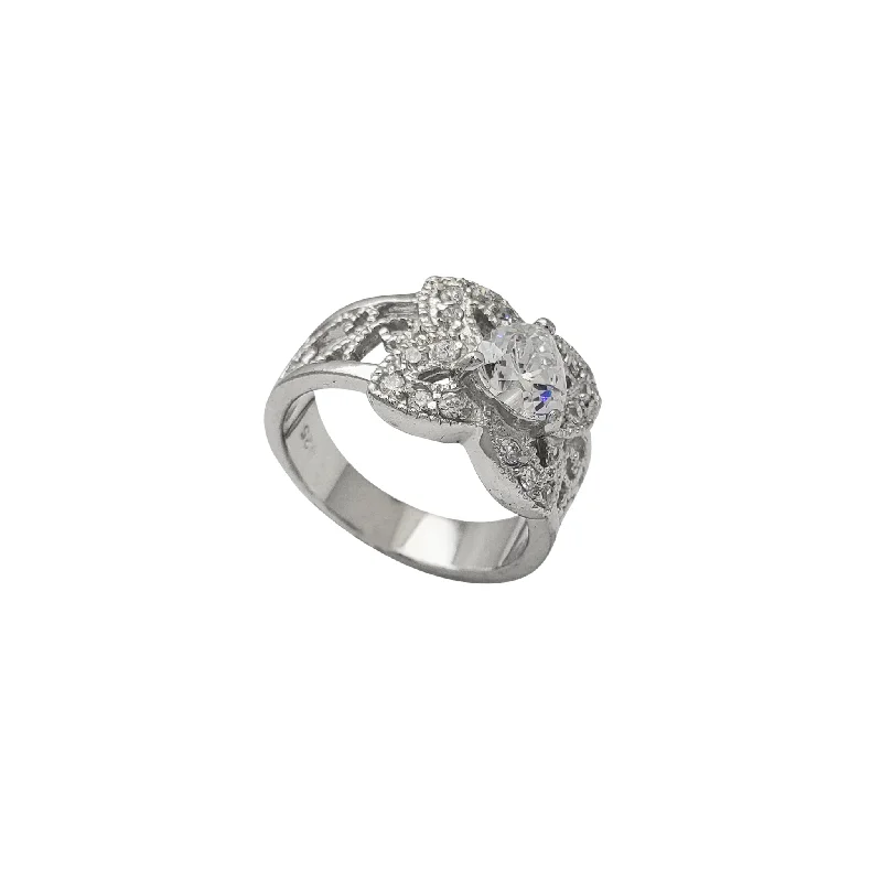 Custom Wedding Band with Engraved Initials-Zirconia Floral Textured Heart-Stone Ring (Silver)