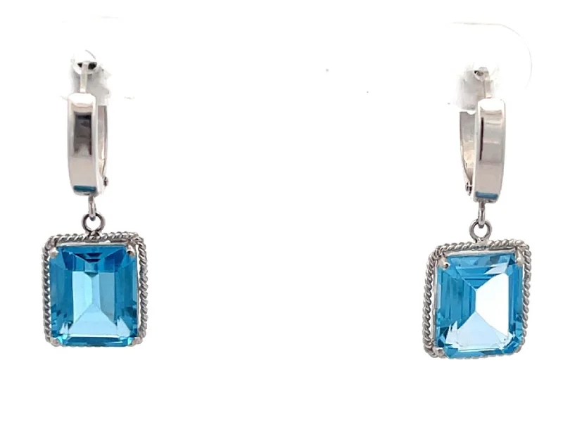 Trendy Hoop Earrings for Women-Blue Emerald Cut Topaz Drop Hoop Earrings in 14K White Gold