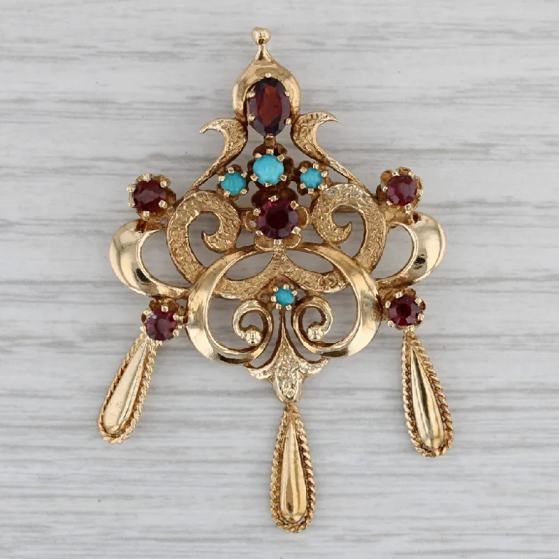 Brooch With Vintage Feel-Vintage Garnet Glass Brooch Pendant 14k Yellow Gold Ornate Pin