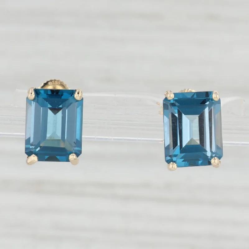 Large Crystal Earrings for Evening Events-6ctw London Blue Topaz Emerald Cut Stud Earrings 14k Yellow Gold Solitaire Studs