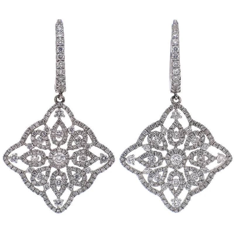 Artistic Gold Earrings-14K White Gold Diamond Filigree Earrings