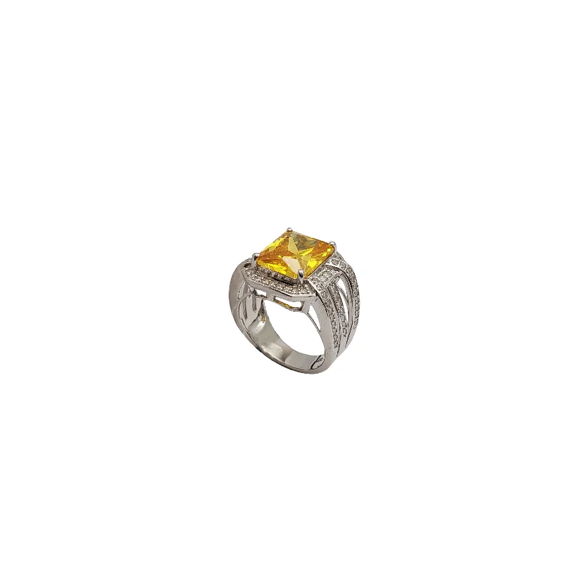 Personalized Custom Ring with Heart Charm-Yellow Cz Rectangle Ring (Silver)