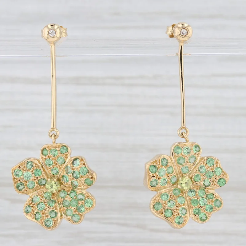 Wedding Earrings with Pearls and Diamonds-2.37ctw Tsavorite Peridot Diamond 4-Leaf-Clover Dangle Earrings 18k Yellow Gold