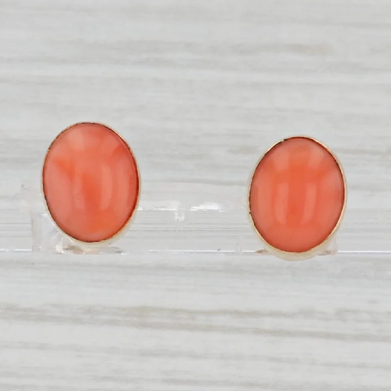 Unique Personalized Earrings for Girls-Oval Coral Cabochon Stud Earrings 18k Yellow Gold