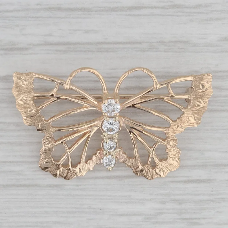 Enamel Flower Brooch-0.26ctw Diamond Butterfly Brooch 14k Yellow Gold Insect Bug Jewelry Pin