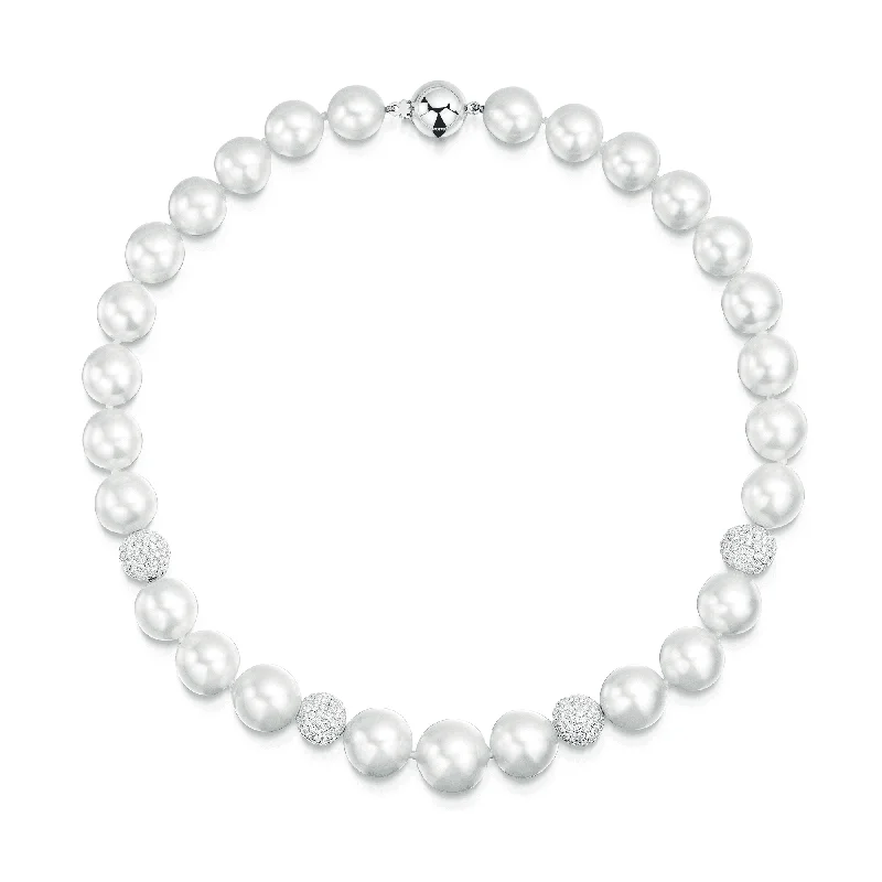 Simple Long Necklace with Pendant-18ct White Gold Graduated South Sea Pearl Necklet With Set Pave Set Diamond Spheres