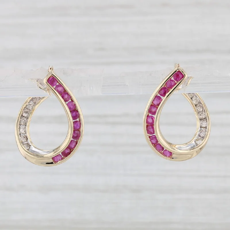 Bridal Earrings with Crystals-1.24ctw Ruby Diamond Hoop Earrings 14k Yellow Gold Snap Top Hoops