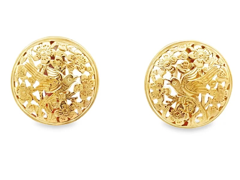 Statement Gold Earrings-Ming's Hawaii Bird on a Plum Large Round Earrings 14K Yellow Gold