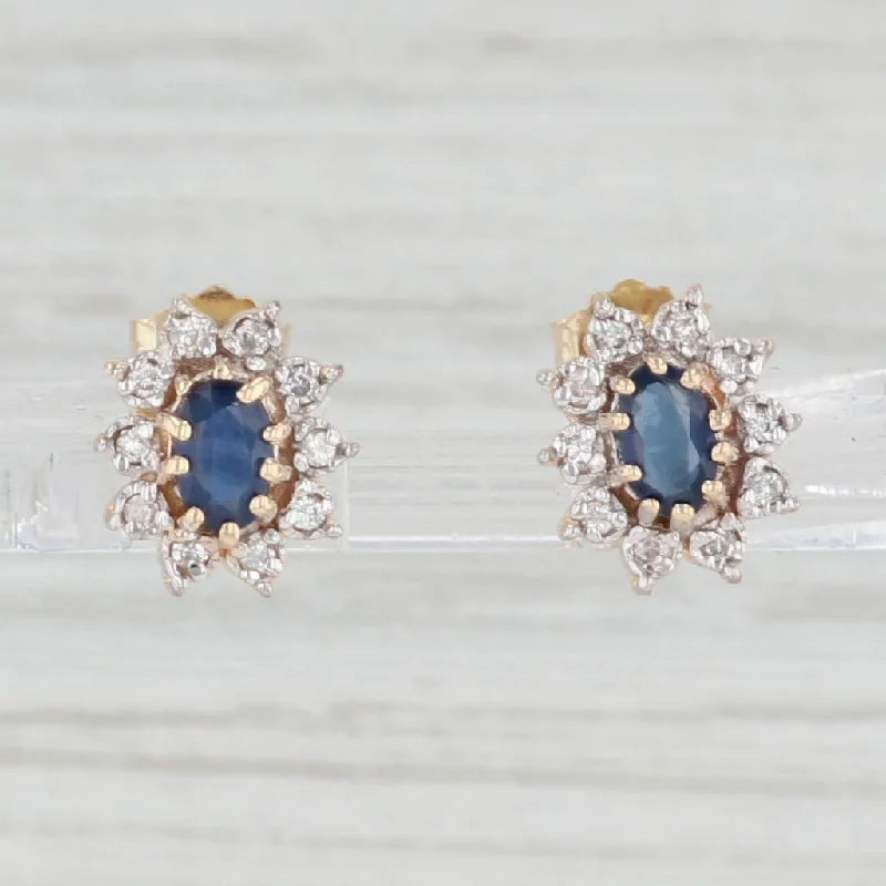 Elegant Vintage Earrings for Women-0.75ctw Blue Sapphire Diamond Halo Stud Earrings 14k Yellow Gold