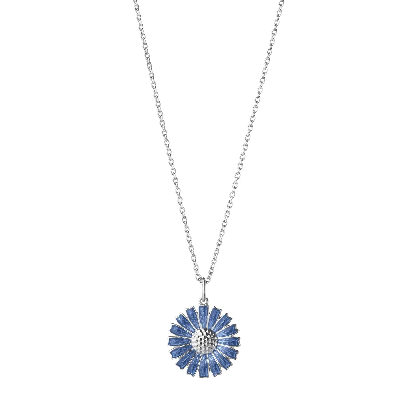 Elegant Bridal Necklace with Diamonds-Daisy Silver And Blue Enamel Pendant