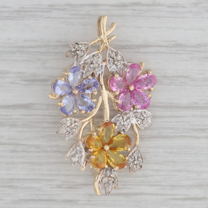 Retro Brooch For Women-3.31ctw Sapphire Tanzanite Diamond Flower Brooch Pendant 10k Yellow Gold