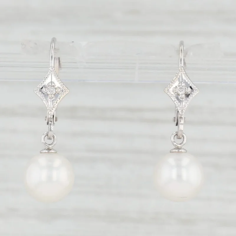 Trendy Stud Earrings for Teens-Cultured Pearl Diamond Dangle Earrings 14k White Gold Drops