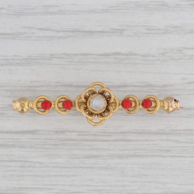 Vintage Brooch With Gemstones-Antique Cats Eye Red Glass Beads Floral Bar Pin 14k-18k Yellow Gold Brooch