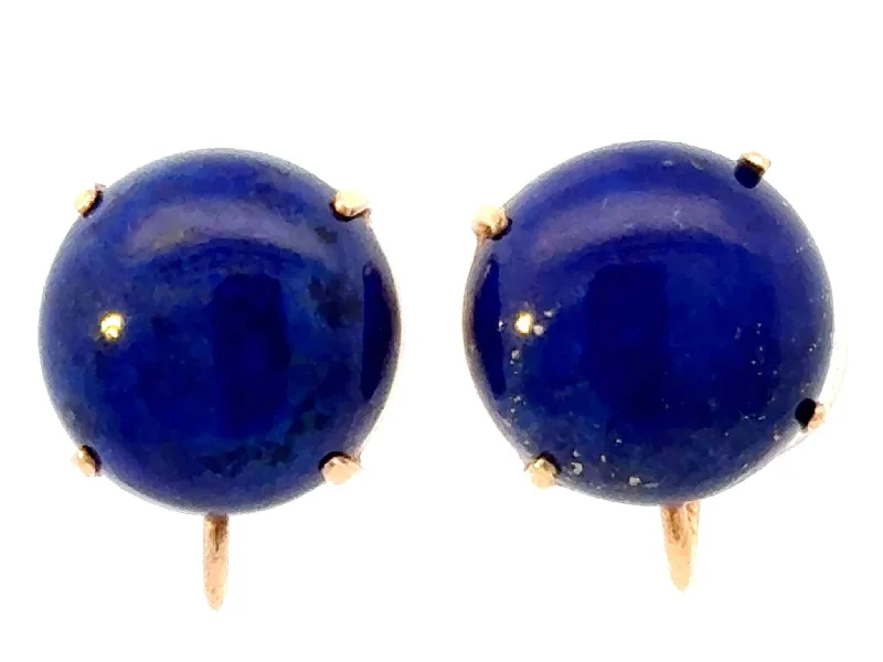 Long Dangle Earrings for Evening-Round Cabochon Lapis Lazuli 14K Yellow Gold Earrings