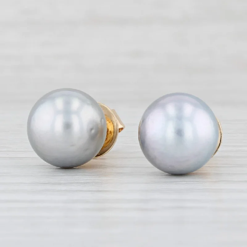 Dangle Earrings for Brides-Gray Cultured Pearl Stud Earrings 14k Yellow Gold 11mm Round Solitaires