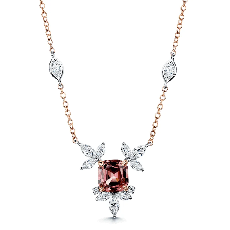 Layered Necklace with Pearls for Weddings-18ct Rose & White Gold Malayan Garnet Marquise Diamond Flower Necklace With Marquise Cut Diamond Set Chain