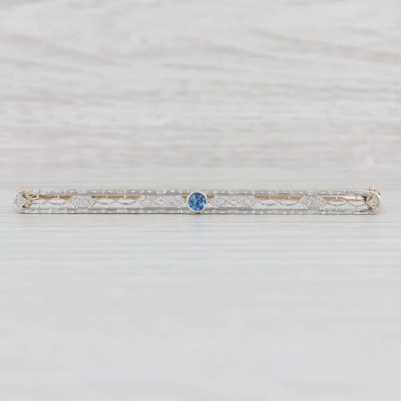 Elegant Brooch For Evening Wear-Art Deco Lab Created Sapphire Filigree Pin 10k Gold Platinum Bar Brooch