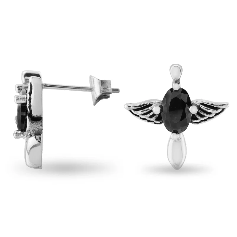 Geometric Gold Earrings-Black CZ Center With Wings Stainless Steel Earrings / ERC1016