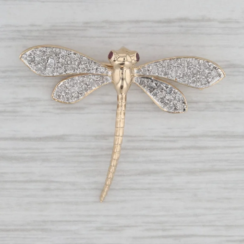 Statement Brooch For Weddings-0.25ctw Diamond Ruby Dragonfly Brooch 14k Yellow Gold Pin