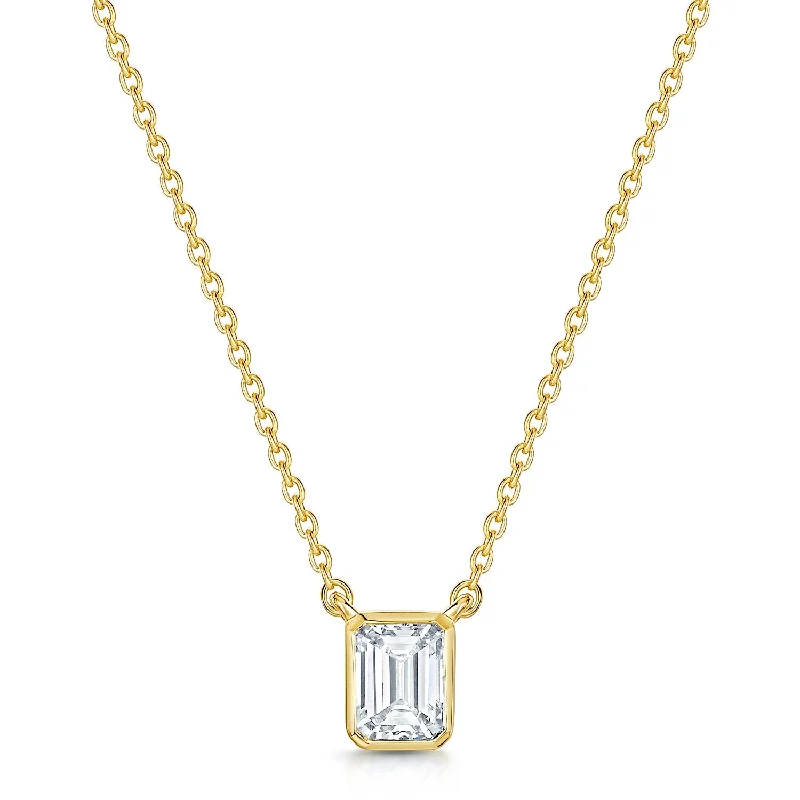 Long Silver Necklace with Small Charms-18ct Yellow Gold Emerald Cut Diamond 0.80ct Rub Over Pendant