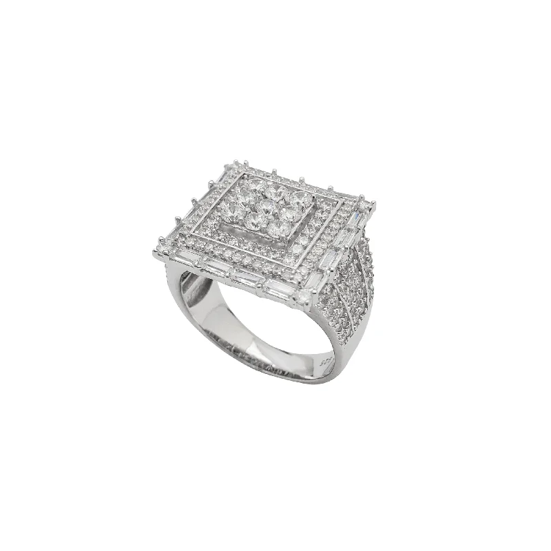 Simple Gold Ring with Sapphire Gemstone-Zirconia Baguettes Iced-Out Square Ring (Silver)