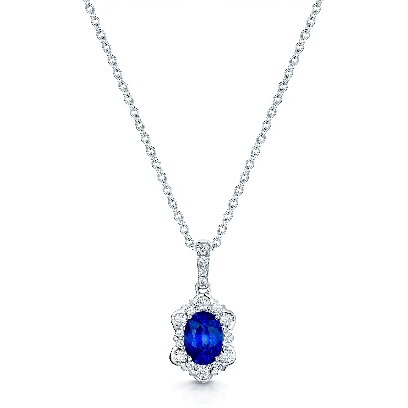 Handmade Silver Necklace with Gemstones-18ct White Gold Oval Sapphire And Diamond Fancy Cluster Pendant