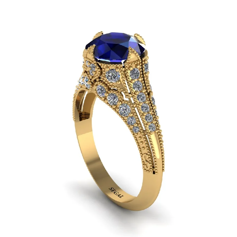 Unique Gold Ring with Engraving for Special Occasions-Sapphire Vintage Crown Engagement Ring - Talia No. 13