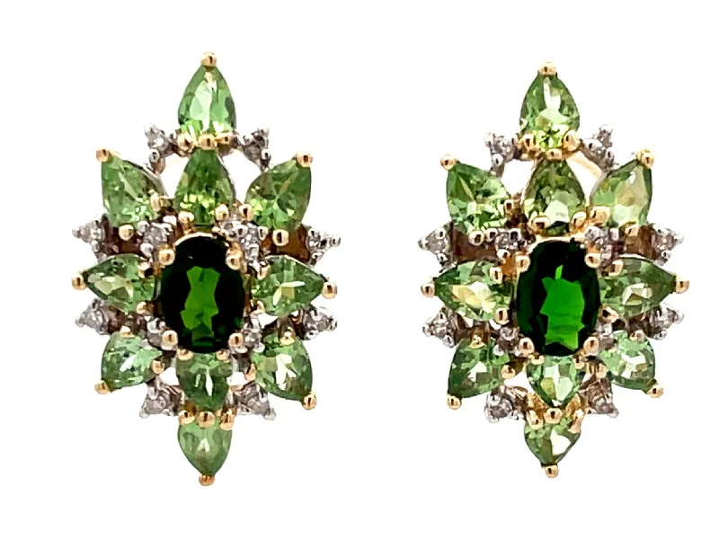 Floral Stud Earrings for Women-Green Peridot Garnet and Diamond Earrings in 10k Yellow Gold