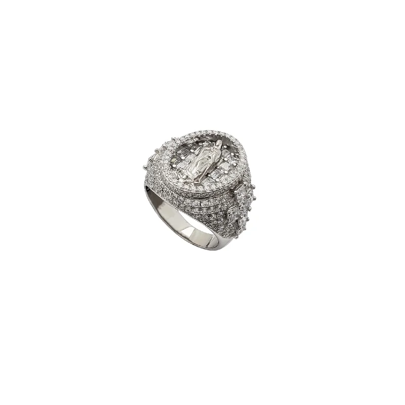 Simple Gold Band with Diamond for Engagement-Iced-Out Depth Virgin Mary CZ Ring (Silver)