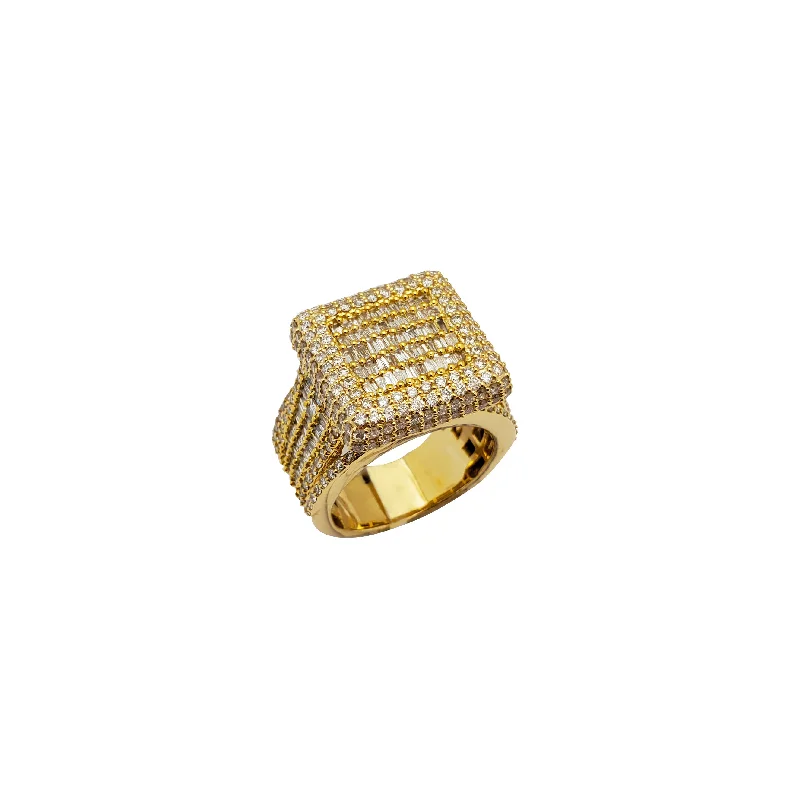 Simple Gold Band with Diamond for Engagement-Iced-Out Baguette & Round Diamond Square Ring (14K)