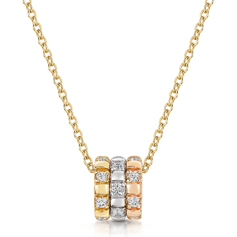 Simple Diamond Necklace for Bridesmaids-18ct White, Rose & Yellow Gold Round Brilliant Cut Diamond Barrel Pendant